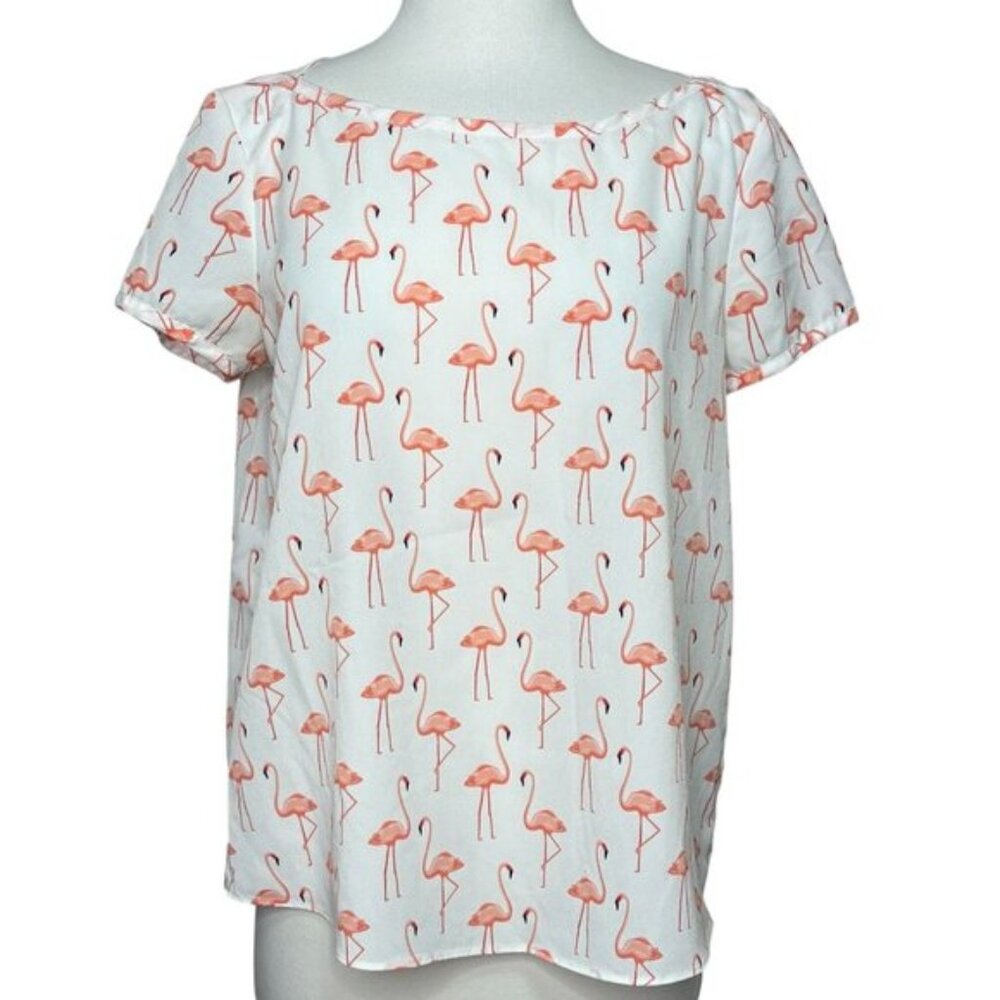 Dalia Flamingo Print Short Sleeve Blouse Size Medium